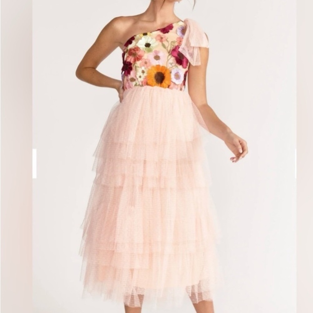 Just Me One-Shoulder Pink Floral Appliqué Midi Dress